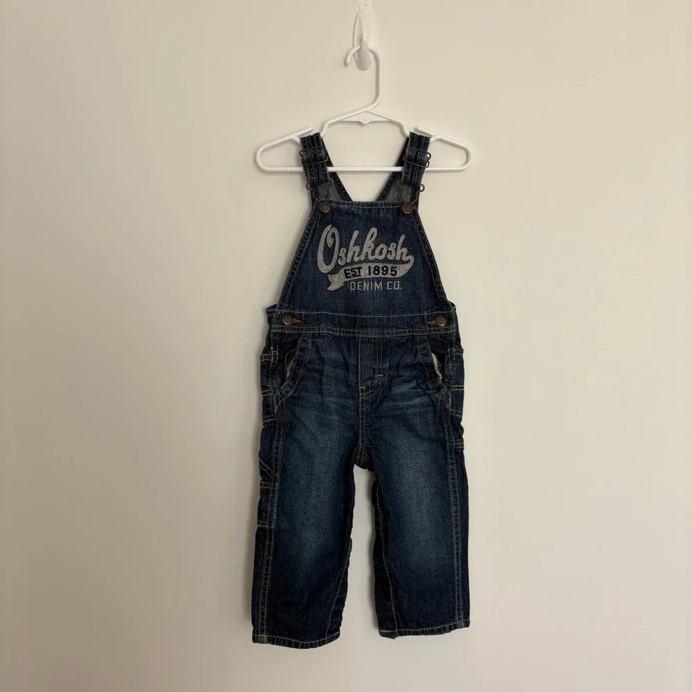 OshKosh B'gosh Kids Unisex Blue Denim Overalls 18-24 Months Classic Snaps Cotton